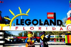 Lego Land Florida entrance with Lego characters greeting entrants