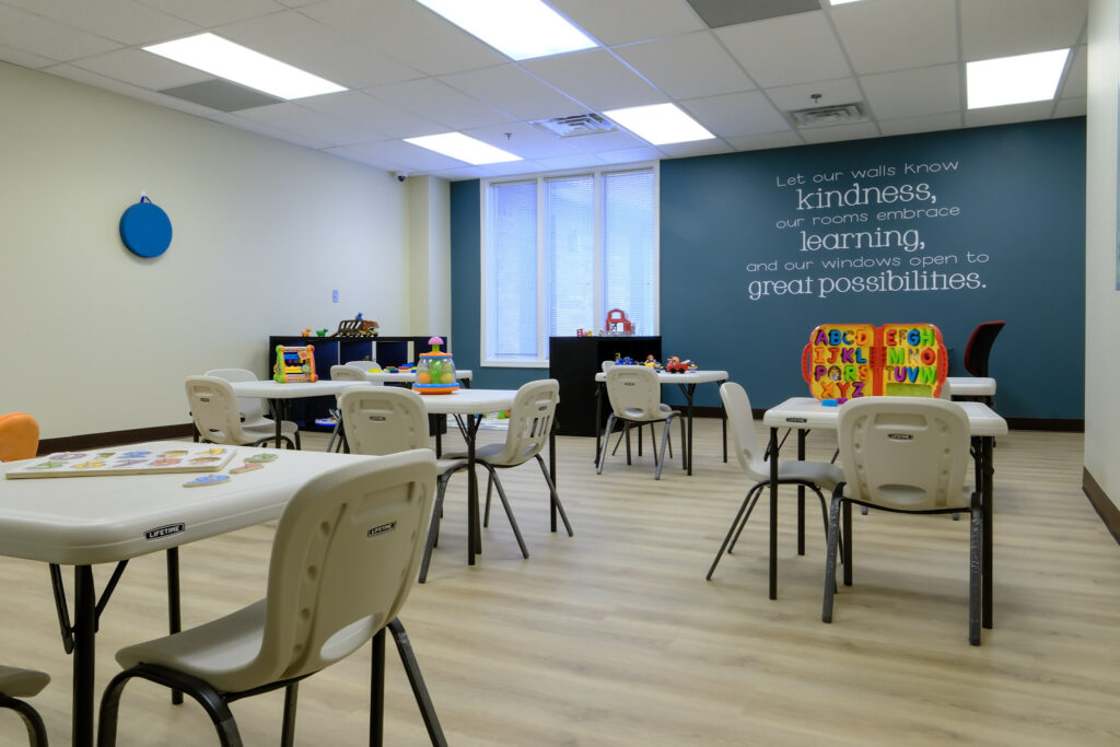 classroom with a blue accent wall