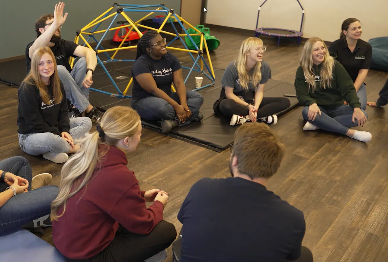 a group gathered together talking